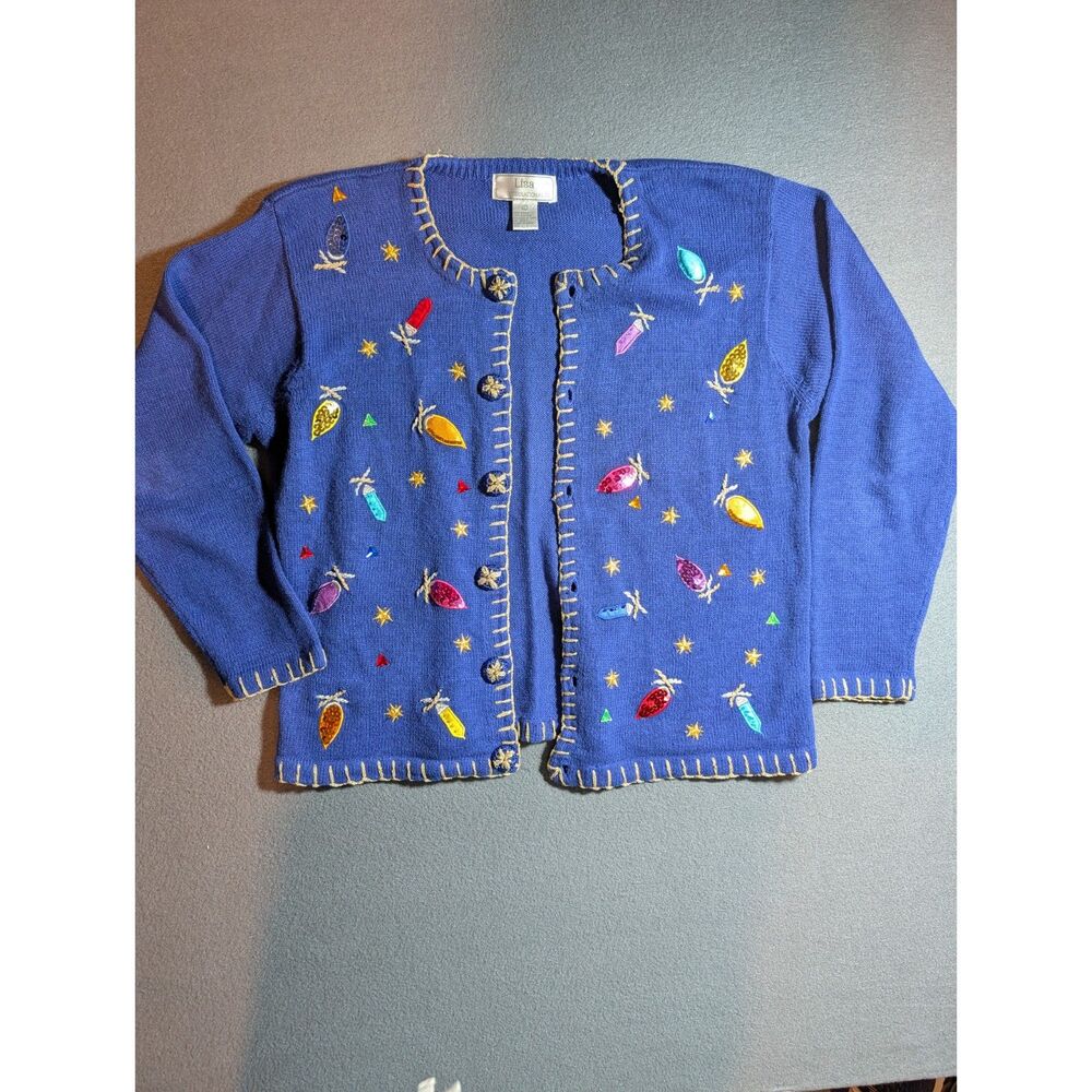 Lisa International Women’s Large Blue Christmas Lights Sequin Cardigan Sweater